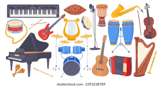 Cartoon musical acoustic instruments. Electric and brass guitars. Jazz saxophone. Strings and percussion. Grand piano and maracas. Orchestra concert. Classical music