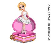 Cartoon musical box with animated figures of a young ballerina girl isolated on white background closeup. Beautiful pink casket heart shaped. Vector cartoon close-up illustration.