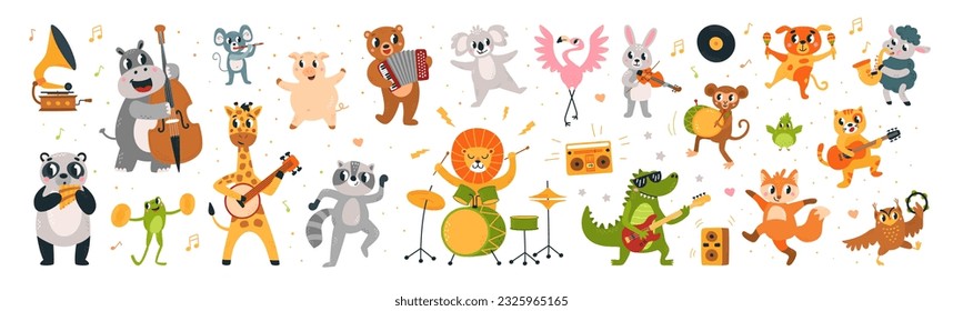 Cartoon musical dancing animals with music instruments. Funny wild animal, raccoon and lion. Musicians and dancers, classy festival vector characters