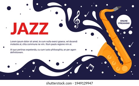 Anuncio del festival musical de dibujos animados, anuncio de promoción de espectáculos de fiestas con un instrumento de trompeta vintage y nota afiche de melodía. Ilustración vectorial del evento del festival de arte musical de jazz.