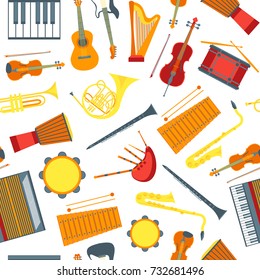 Cartoon Musical Insrtuments Background Pattern on a White Symbol of Orchestra Music Band Violin, Guitar, Drum and Trumpet. Vector illustration