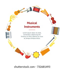 Cartoon Musical Insrtuments Banner Card Circle Symbol of Orchestra Music Band Violin, Guitar, Drum and Trumpet. Vector illustration