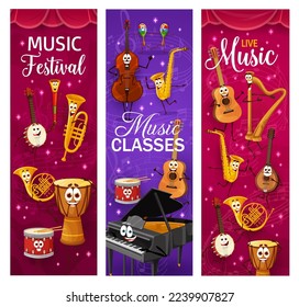 Cartoon musical instrument characters. Live music festival, party, school. Vector banners with funny vuvuzela, guitar, harp and grand piano. Jembe drum, trumpet and french horn, violin and saxophone