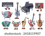 Cartoon musical instrument characters. Music mascots keyboard synthesizer, bass guitar, grand piano and vinyl turntable. Electric and acoustic guitars, drums, accordion and saxophone vector set