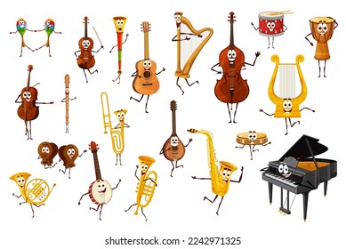 cartoon musical instrument characters and personages. Vector maracas, violin, guitar and vuvuzela, harp, double bass or grand piano. Castanets, tambourine, saxophone and banjo with trumpet or flute