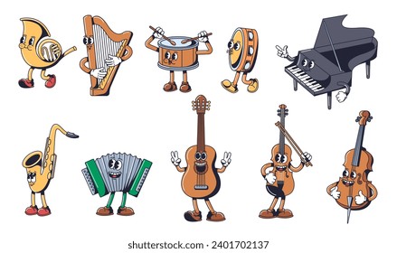 Mascotas de instrumentos musicales de dibujos animados. Personajes de música lúdica en el estilo de la manguera de caucho de los años 30. Concepto retro ilustración vectorial conjunto de dibujos animados de sonido de instrumentos