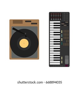 Cartoon musical Instrument set. Gramophone, synthesizer