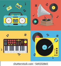 Cartoon Musical Instrument Set - Old Gramophone, Boombox, Cassettes and Synth or Music Keyboard Flat Design Style . Vector illustration