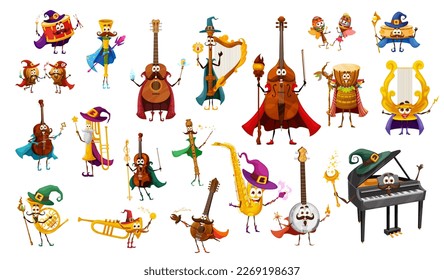 Cartoon musical instrument wizard, warlock, fairy and witch, magician and sorcerer characters or personages. Vector violin, guitar and harp, grand piano, saxophone and trumpet or flute with banjo