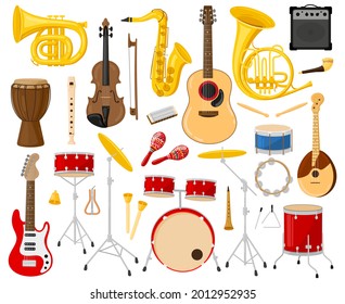 Cartoon musical instruments. Acoustic and electric instruments, guitars, drums, saxophone, violin vector illustration set. Musical band instruments. Musical instrument guitar and drum