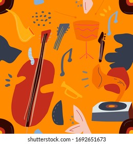 Cartoon musical instruments create jazz poster, cover album, event, cloth, in modern style