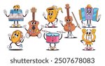 Cartoon Musical Instruments With Cute Faces And Hands Making Fun Poses. Cartoon Vector Whimsical Illustration