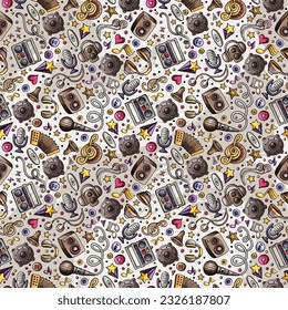 Cartoon musical instruments seamless pattern. Lots of music symbols, objects and elements. Perfect funny multicolored tile vector background.