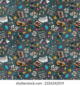 Cartoon musical instruments seamless pattern. Lots of music symbols, objects and elements. Perfect funny multicolored tile vector background.