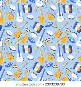 Cartoon musical instruments seamless pattern. Acoustic and electric guitars. Repeated print. Drums and accordions. Orchestra concert. Maracas, cello and saxophone. Recent