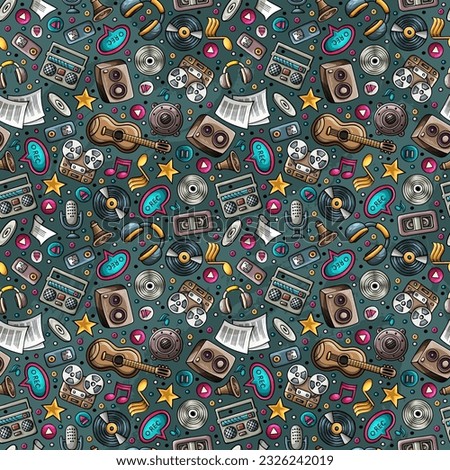 Cartoon musical instruments seamless pattern. Lots of music symbols, objects and elements. Perfect funny multicolored tile vector background.