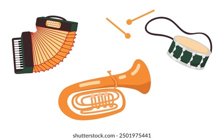 Cartoon musical instruments set.Accordion, tuba and drum isolated on white background.Vector design for use in banner template,stickers,cards, invitations.Celebrating festivals , entertainment events.