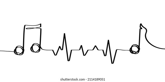 Cartoon musical note line patern. Flat vector heartbeat line and notes wave sign. Heartbeat pulse line music. Musical staff