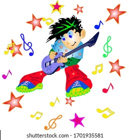 Cartoon musician with a guitar. Rock guitarist vector illustration with colored notes and stars.