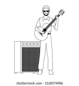 cartoon musician with guitar and sound amplifier over white background, flat design. vector illustration