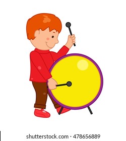 Cartoon musician kid. Vector illustration for children music. Boy isolated on white background. Cute school musical student clip art. Drummer with drum instrument