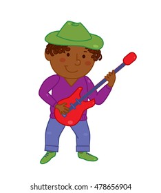 Cartoon musician kid. Vector illustration for children music. Boy isolated on white background. Cute school musical student clip art.