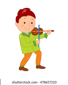 Cartoon musician kid. Vector illustration for children music. Boy isolated on white background. Cute school musical student clip art. Violinist with violin instrument