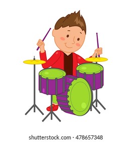 Cartoon musician kid. Vector illustration for children music. Boy isolated on white background. Cute school musical student clip art. Drummer with drum instrument