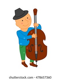 Cartoon musician kid. Vector illustration for children music. Boy isolated on white background. Cute school musical student clip art. Cellist with cello instrument