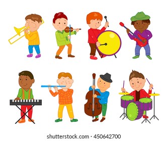 Cartoon musician kids. Vector illustration for children music. Boys band isolated on white background. Set of cute school musical student clip art. Drum, guitar, piano violin trumpet flute instrument