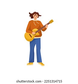 Cartoon musician playing acoustic guitar vector illustration. Male guitarist character performing with musical instrument on street on white background. Music, performance concept