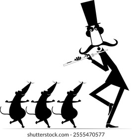 Cartoon musician playing flute for rats or mouse. Funny long mustache man in the top hat playing flute to cute dancing rats or mouse. Black and white illustration