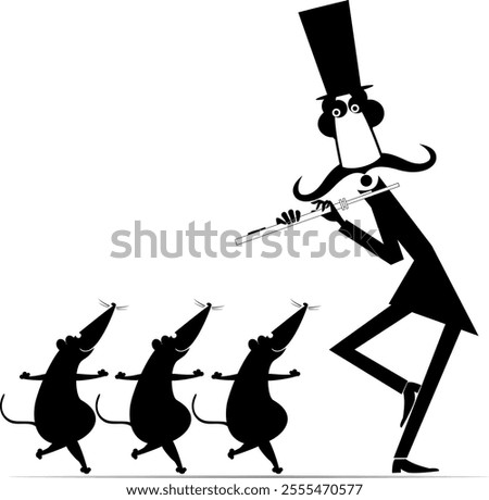 Cartoon musician playing flute for rats or mouse. Funny long mustache man in the top hat playing flute to cute dancing rats or mouse. Black and white illustration