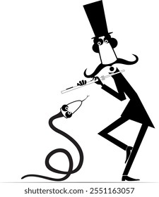 Cartoon musician playing flute to snake. 
Funny tamer in the top hat playing flute to snake. Black and white illustration
