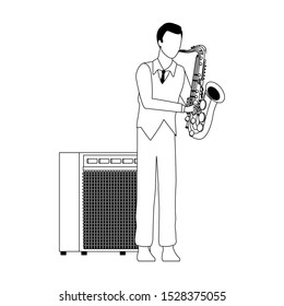 cartoon musician playing a saxophone icon over white background, flat design, vector illustration