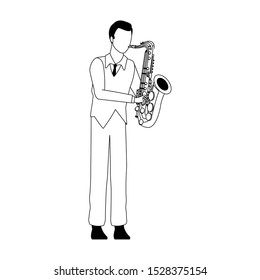 cartoon musician playing a saxophone icon over white background, vector illustration