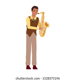 cartoon musician playing a saxophone icon over white background, colorful design. vector illustration