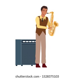 cartoon musician playing a saxophone and sound amplifier over white background, colorful design. vector illustration