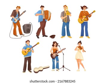 Cartoon musicians performing on street vector illustrations set. People playing electric or acoustic guitar, female and female guitarists, violin player on white background. Music, performance concept