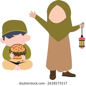 Cartoon of a Muslim boy eating a burger and a Muslim girl holding a lantern for Ramadan, Eid, cultural celebrations, and Islamic-themed events.