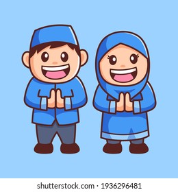 cartoon muslim boy and girl greeting