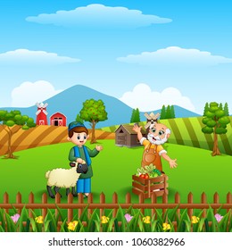 Cartoon Muslim boy and his sheep with old farmer at the farm background