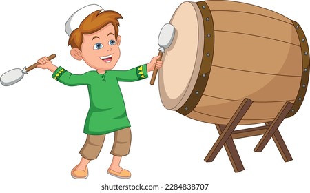 Cartoon Muslim boy hitting Bedug