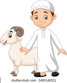 Cartoon Muslim boy holding a goat