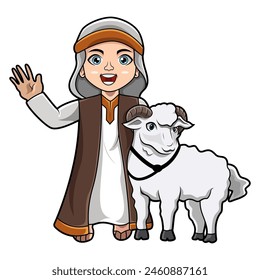 Cartoon muslim boy holding a goat