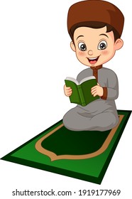 Cartoon Muslim Boy Reading Quran Book