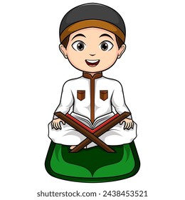 Cartoon muslim boy reading Quran