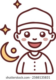 Cartoon Muslim boy in traditional attire with crescent moon, representing Ramadan joy and fasting month.