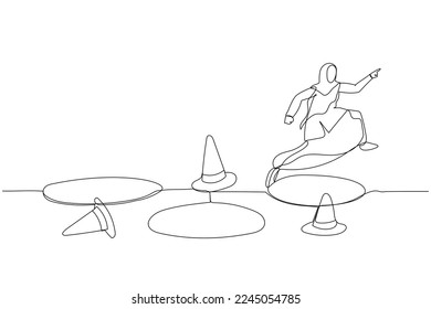 Cartoon of muslim business woman jump pass many pitfalls to achieve metaphor of avoid adversity. Single line art style