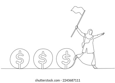 Cartoon of muslim business woman leader holding flag control flow of money concept of cash flow. Single continuous line art